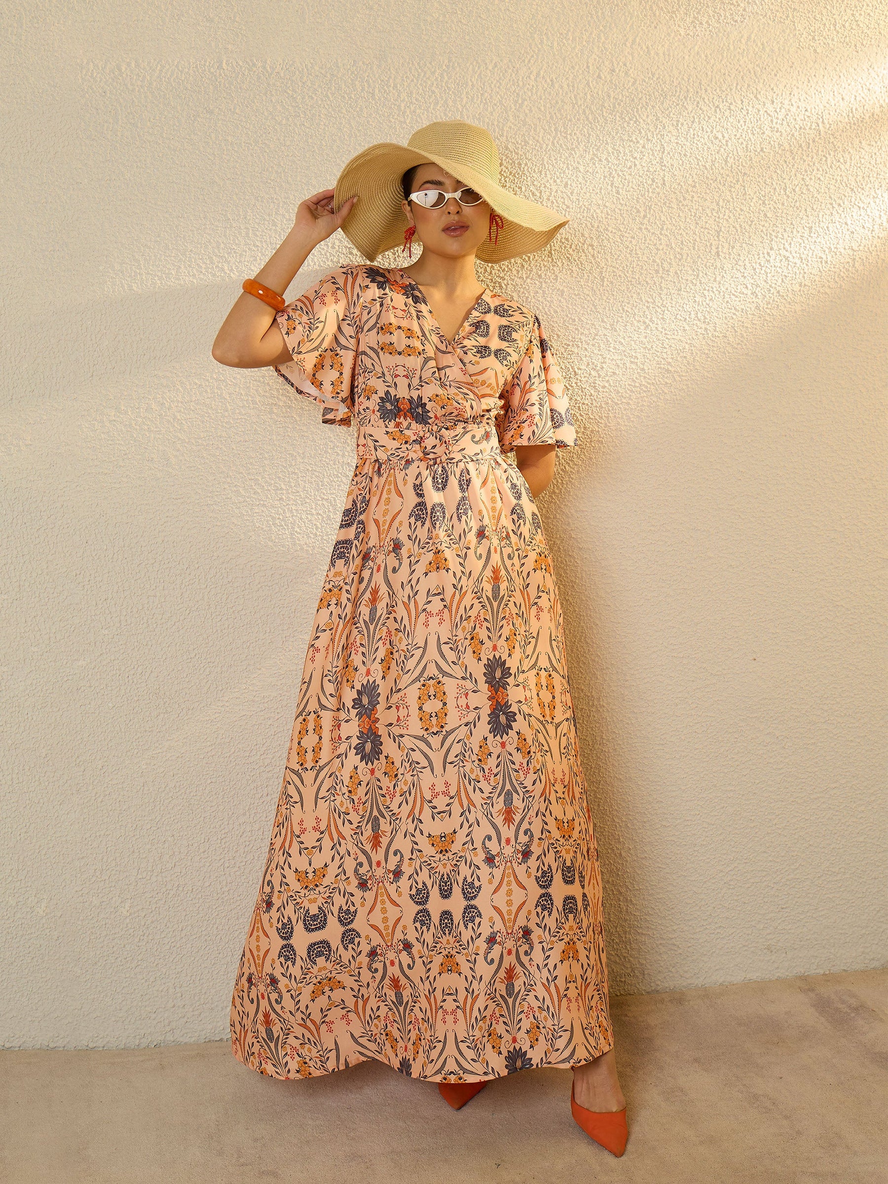 Peach Floral V-Neck Short Sleeve Belted Maxi Dress-SASSAFRAS