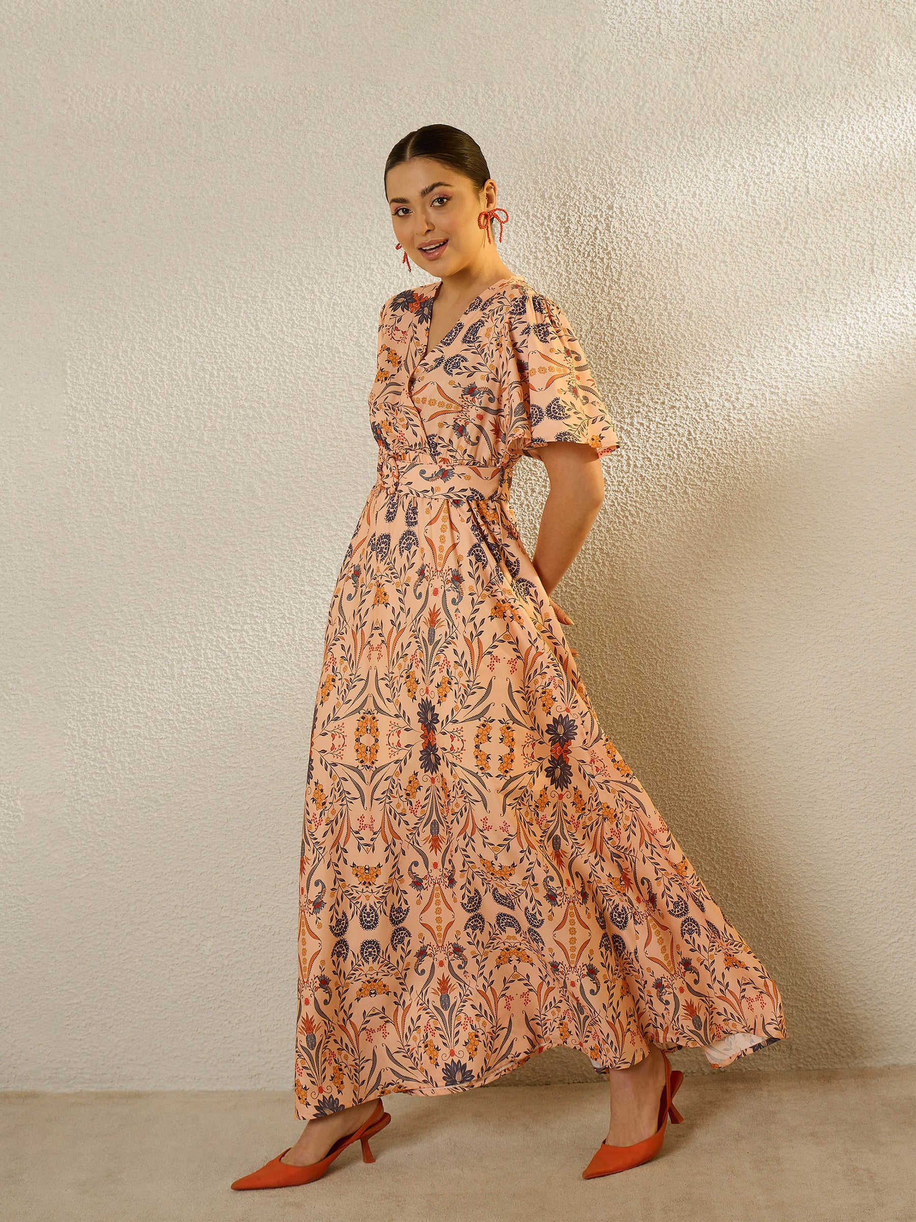 Peach Floral V-Neck Short Sleeve Belted Maxi Dress-SASSAFRAS