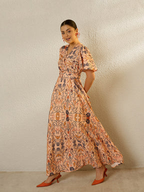Peach Floral V-Neck Short Sleeve Belted Maxi Dress-SASSAFRAS