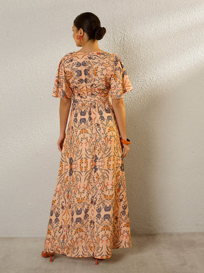 Peach Floral V-Neck Short Sleeve Belted Maxi Dress-SASSAFRAS