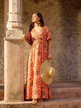 Orange Floral V-Neck Short Sleeve Belted Maxi Dress-SASSAFRAS