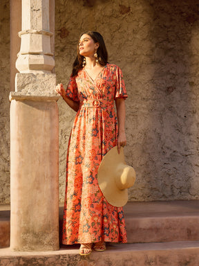 Orange Floral V-Neck Short Sleeve Belted Maxi Dress-SASSAFRAS