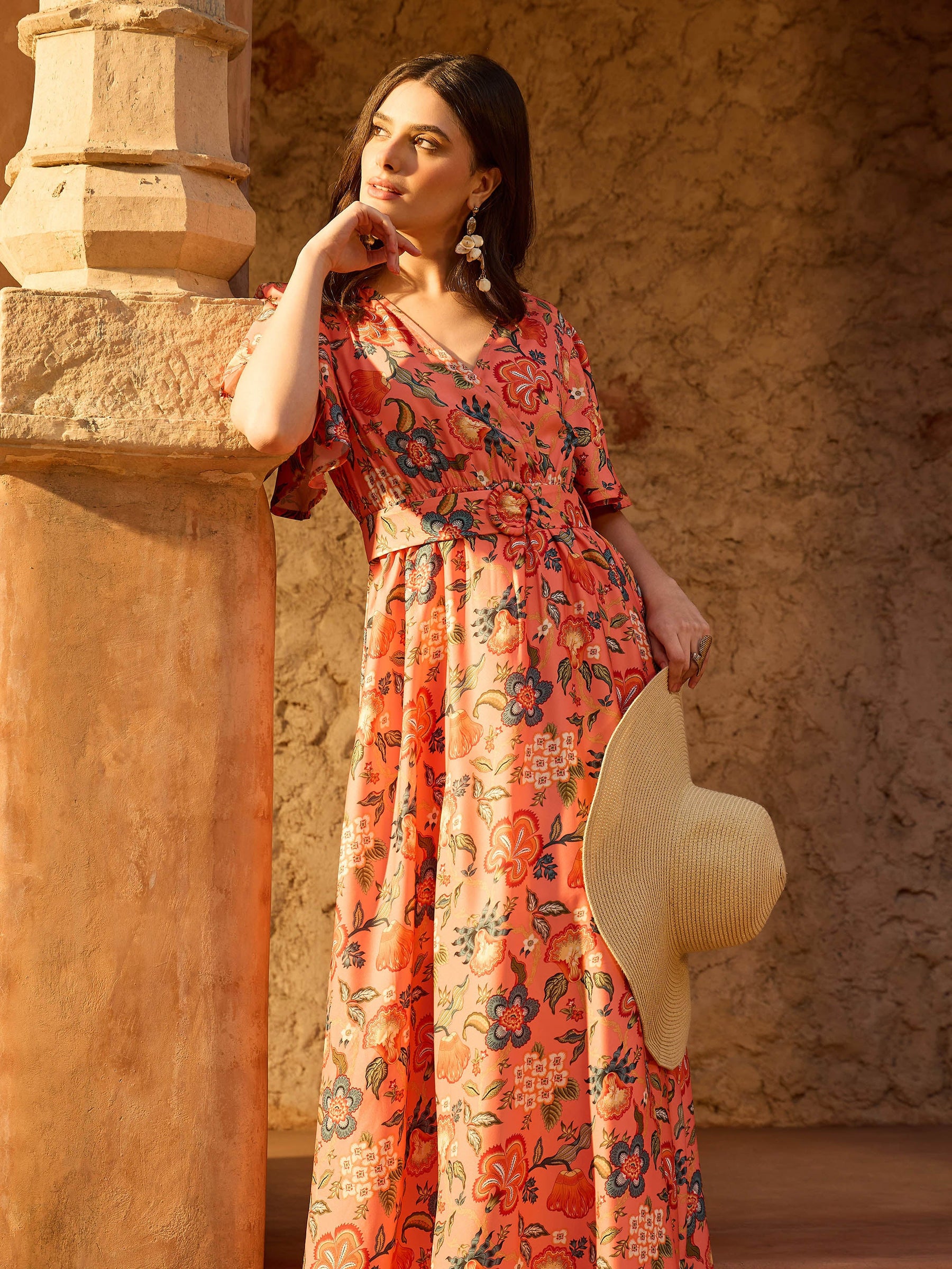 Orange Floral V-Neck Short Sleeve Belted Maxi Dress-SASSAFRAS