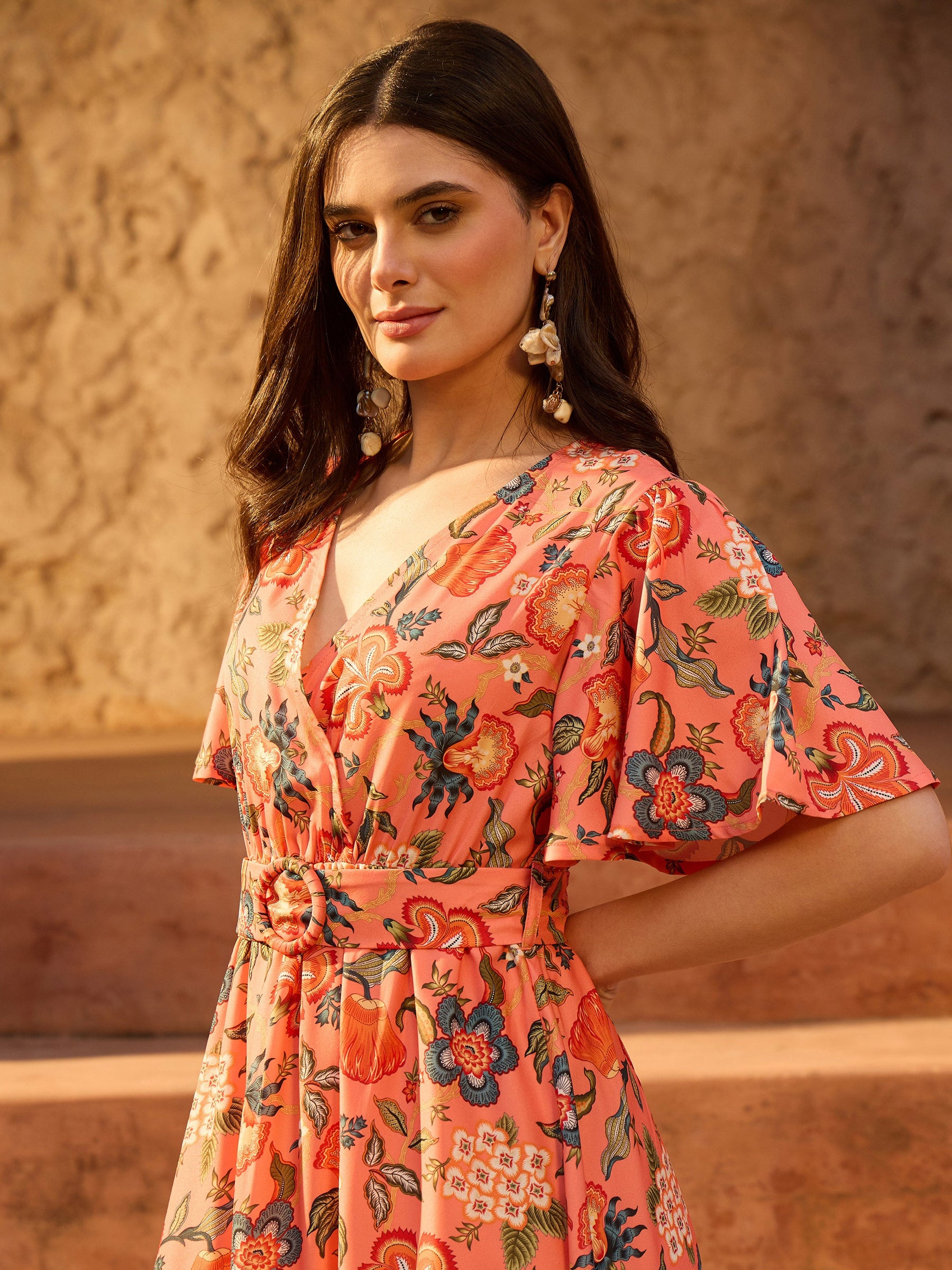 Orange Floral V-Neck Short Sleeve Belted Maxi Dress-SASSAFRAS