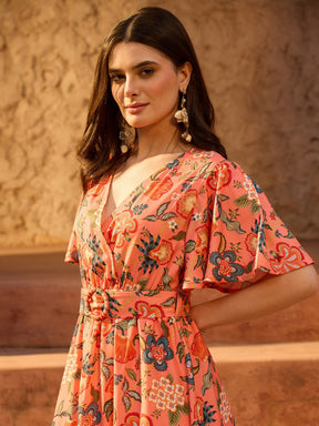 Orange Floral V-Neck Short Sleeve Belted Maxi Dress-SASSAFRAS