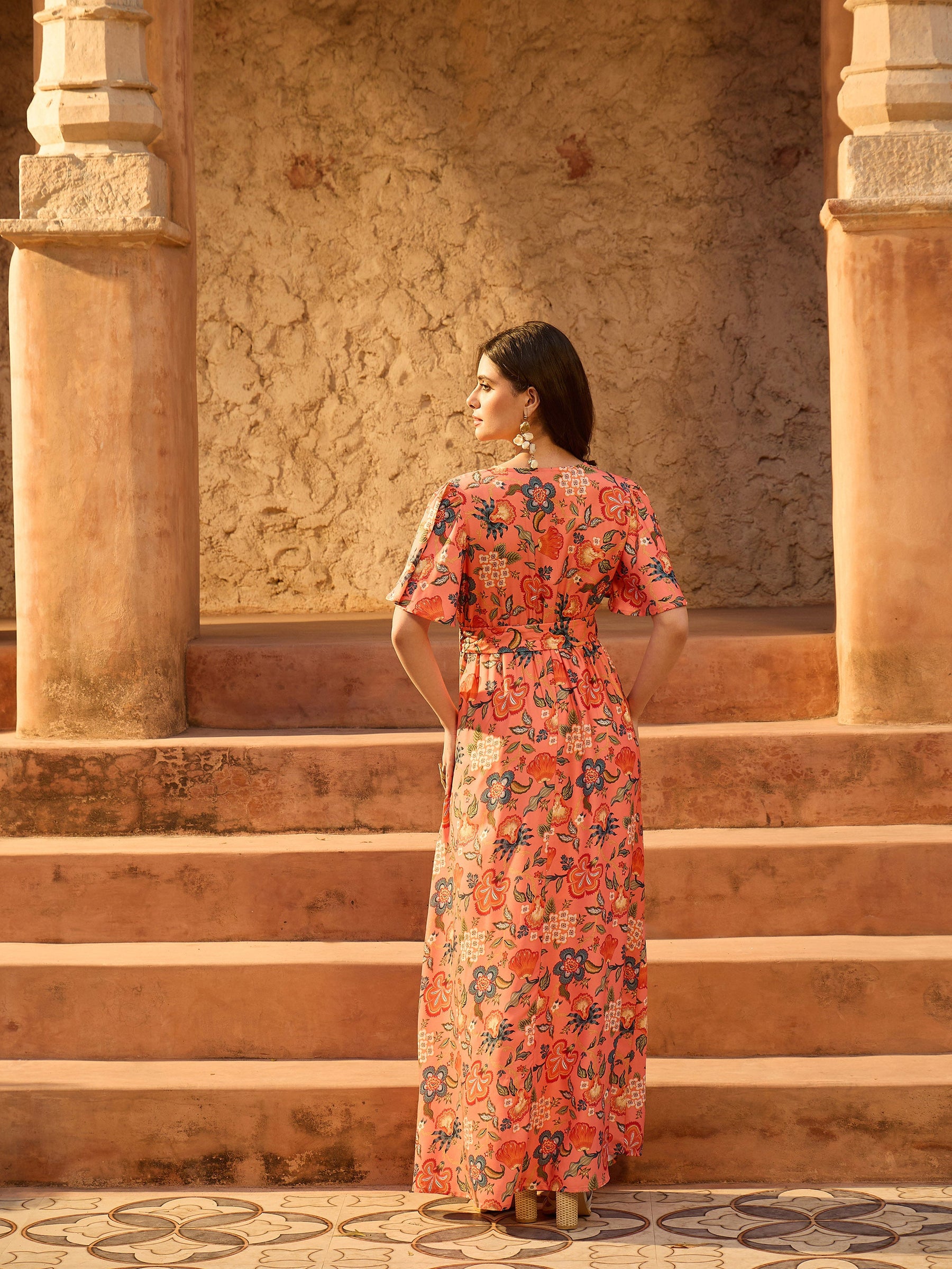 Orange Floral V-Neck Short Sleeve Belted Maxi Dress-SASSAFRAS