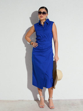 Royal Blue Side Pleated Sleeveless Midi Dress-SASSAFRAS