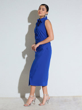 Royal Blue Side Pleated Sleeveless Midi Dress-SASSAFRAS