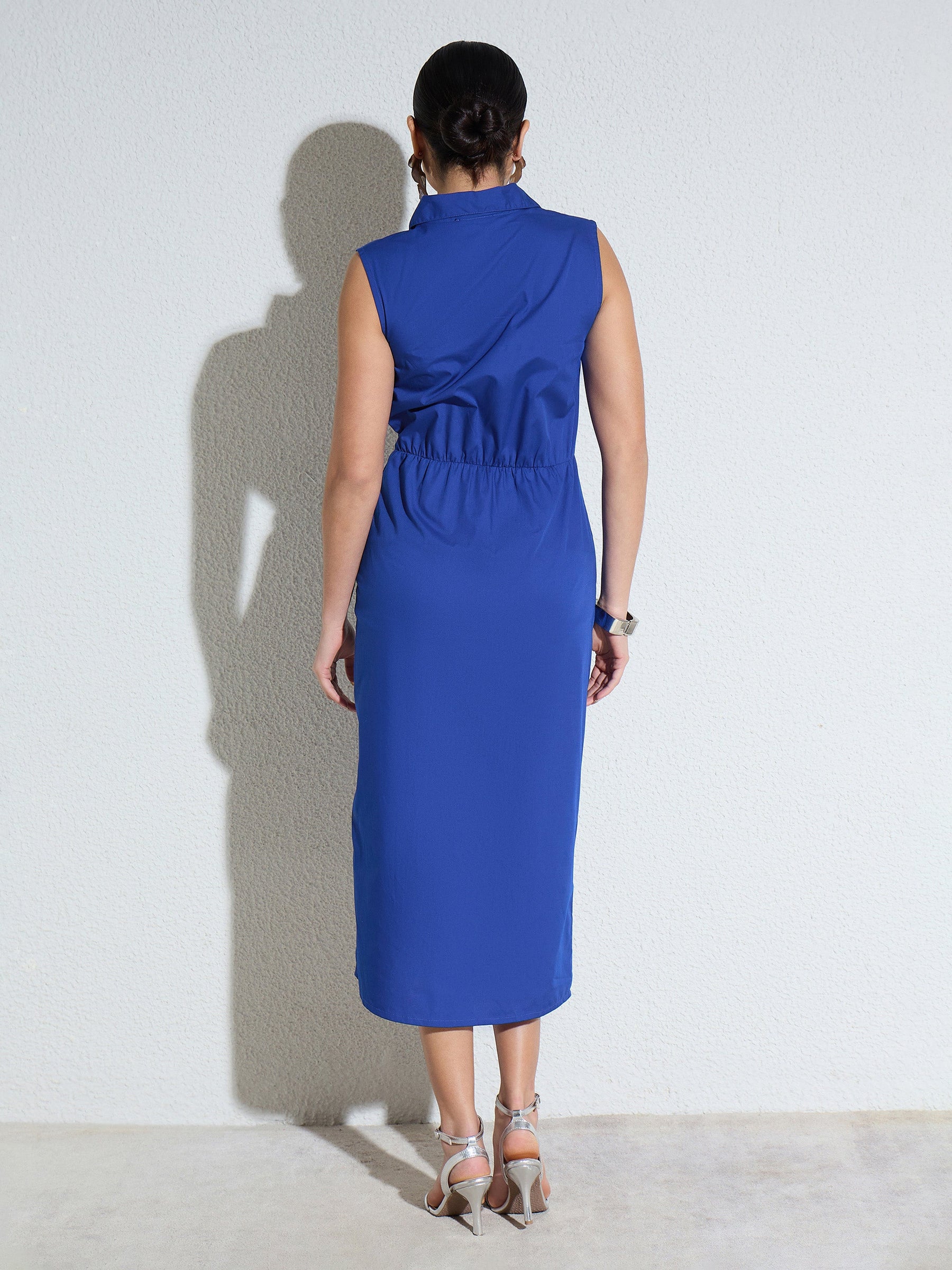 Royal Blue Side Pleated Sleeveless Midi Dress-SASSAFRAS