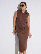 Brown Side Pleated Sleeveless Midi Dress-SASSAFRAS