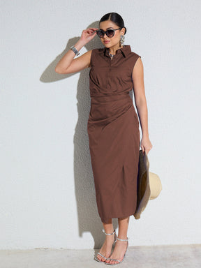 Brown Side Pleated Sleeveless Midi Dress-SASSAFRAS