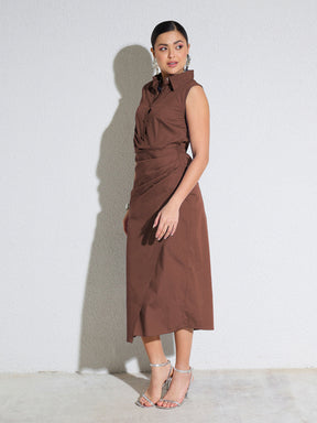 Brown Side Pleated Sleeveless Midi Dress-SASSAFRAS