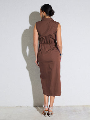 Brown Side Pleated Sleeveless Midi Dress-SASSAFRAS