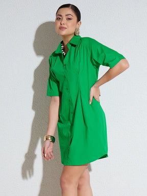 Green Poplin Shirt Dress-SASSAFRAS