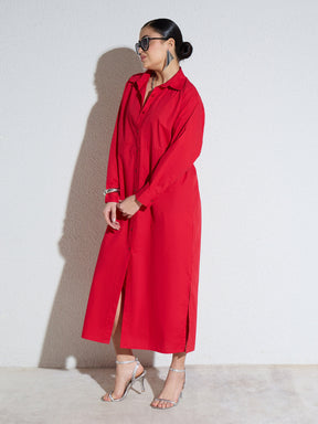 Red Poplin Longline Shirt Dress-SASSAFRAS