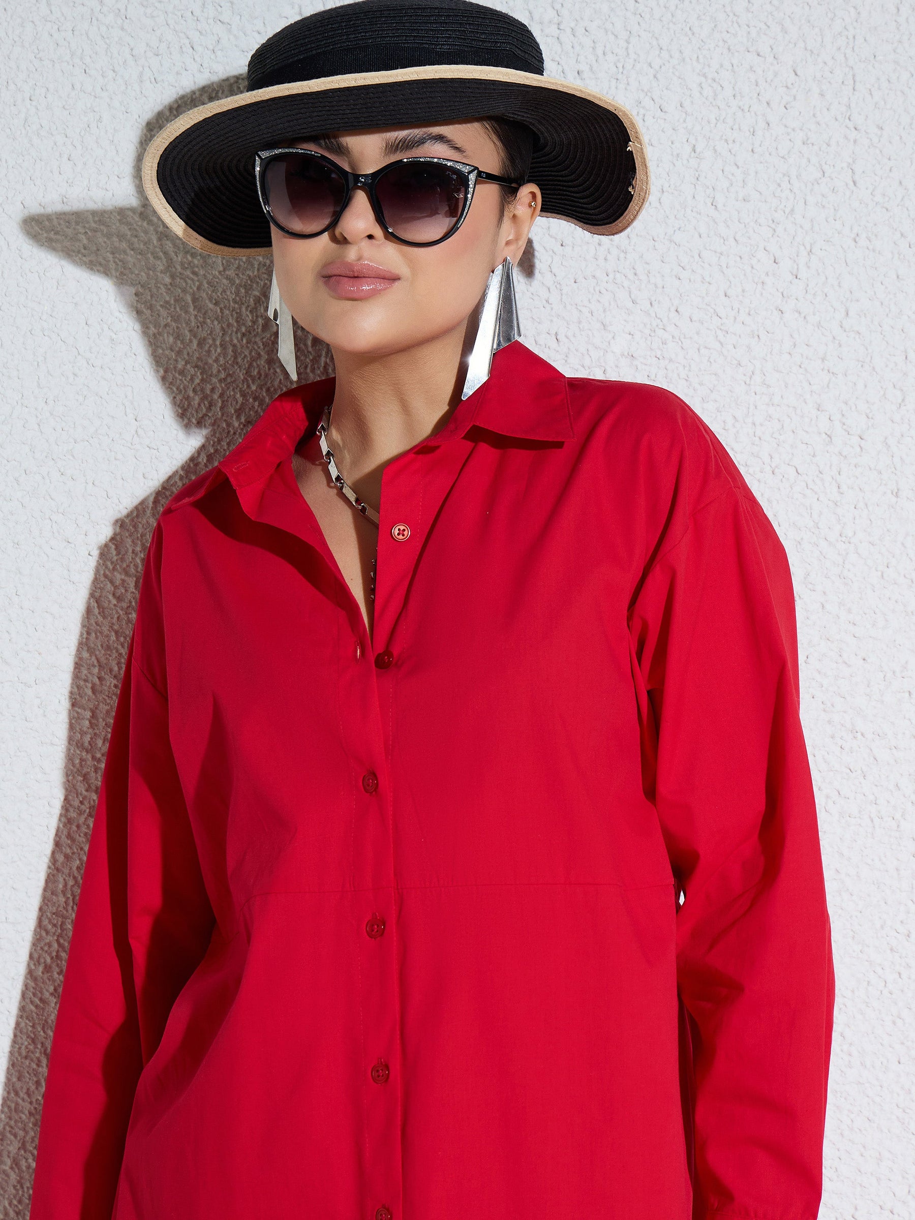 Red Poplin Longline Shirt Dress-SASSAFRAS