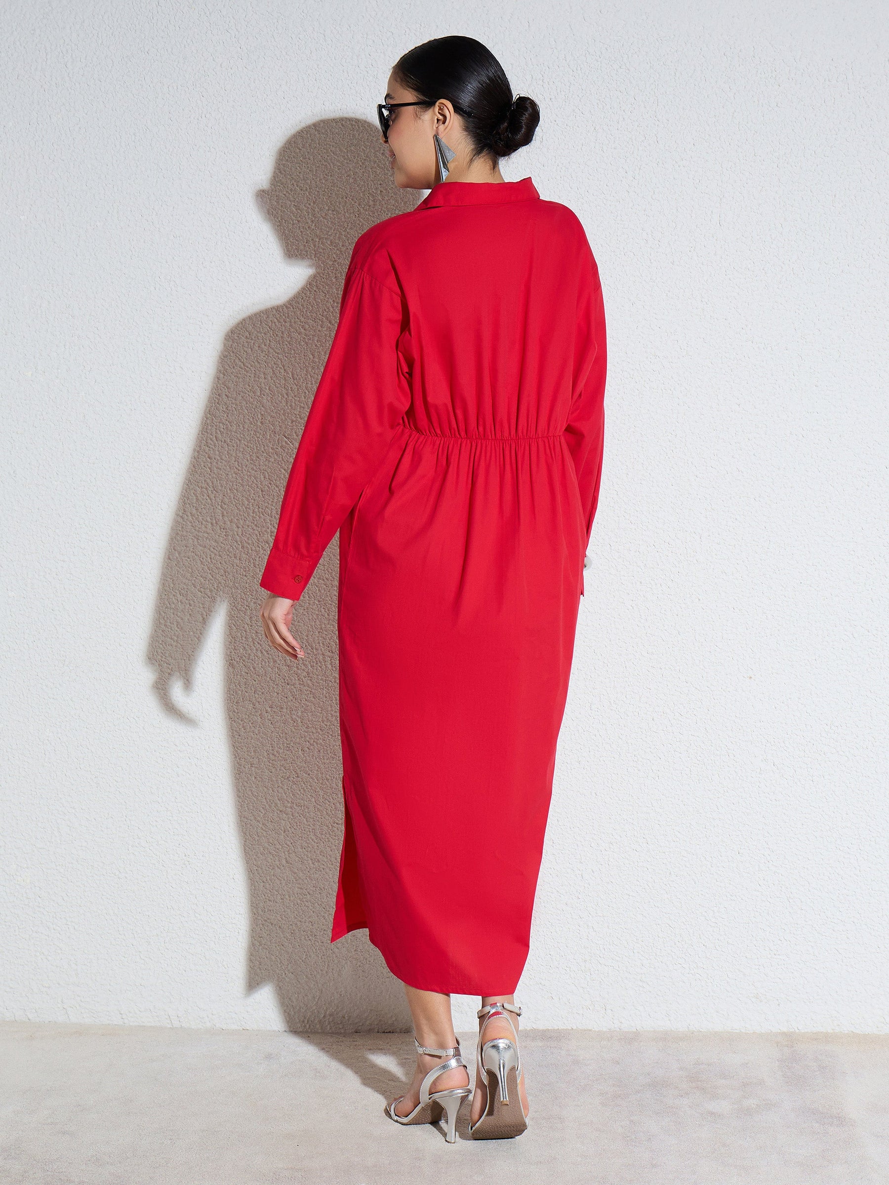 Red Poplin Longline Shirt Dress-SASSAFRAS