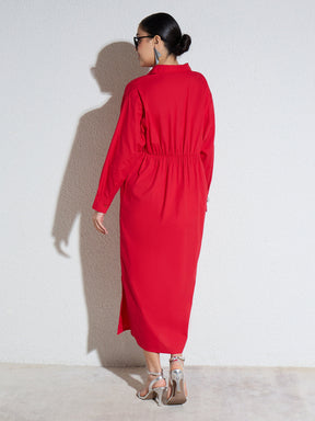 Red Poplin Longline Shirt Dress-SASSAFRAS