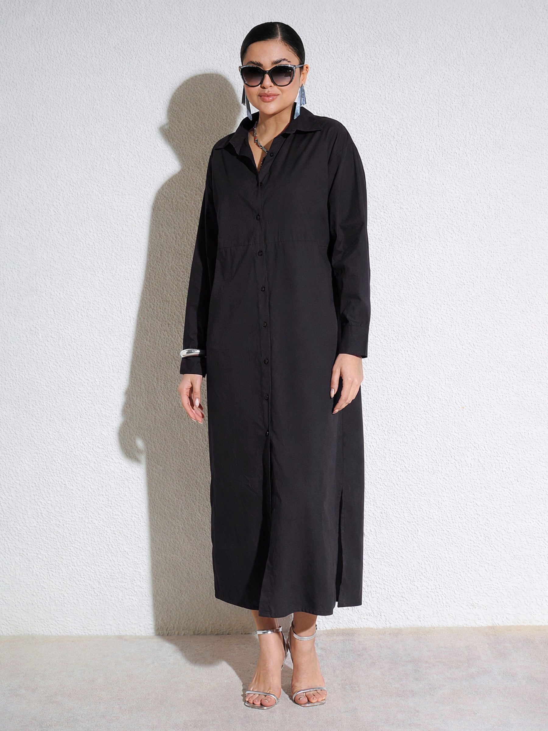 Black Poplin Longline Shirt Dress-SASSAFRAS
