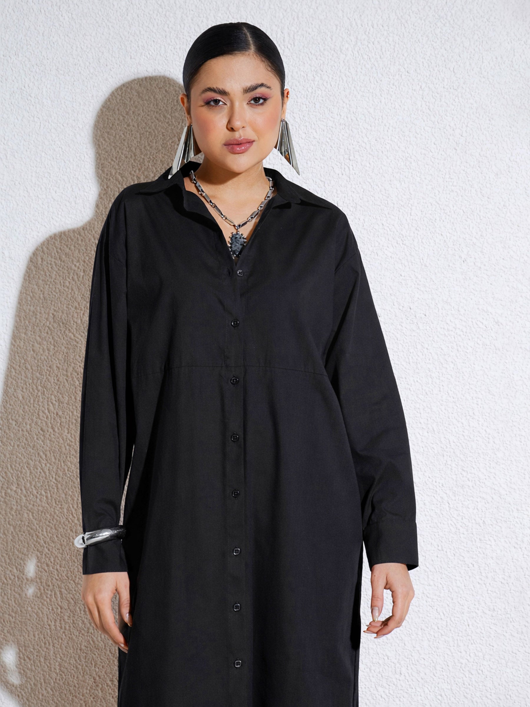 Black Poplin Longline Shirt Dress-SASSAFRAS