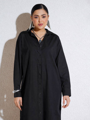 Black Poplin Longline Shirt Dress-SASSAFRAS