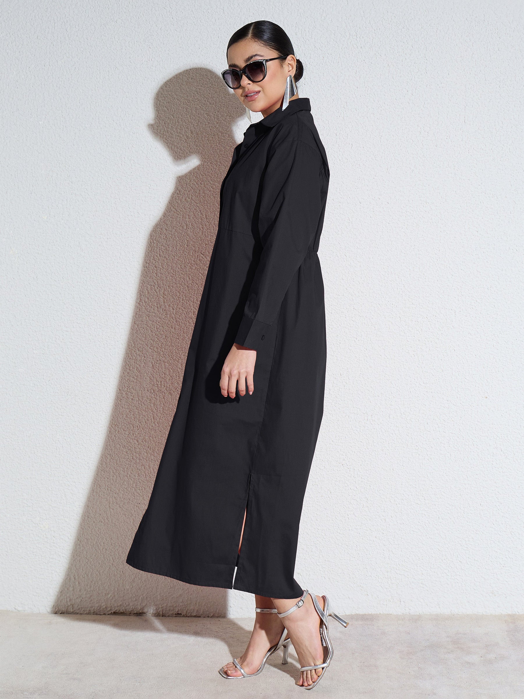 Black Poplin Longline Shirt Dress-SASSAFRAS