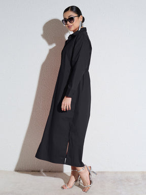 Black Poplin Longline Shirt Dress-SASSAFRAS