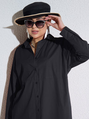 Black Poplin Longline Shirt Dress-SASSAFRAS