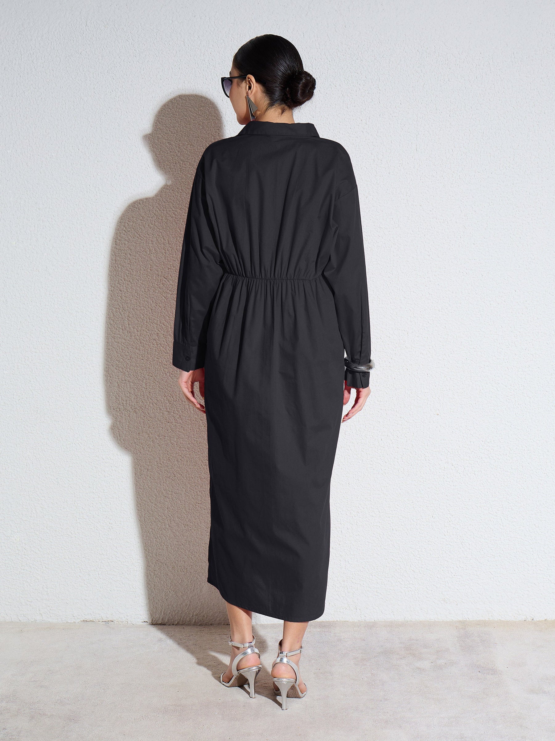 Black Poplin Longline Shirt Dress-SASSAFRAS