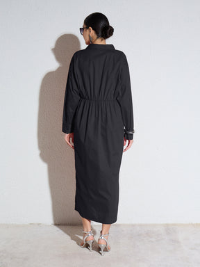 Black Poplin Longline Shirt Dress-SASSAFRAS