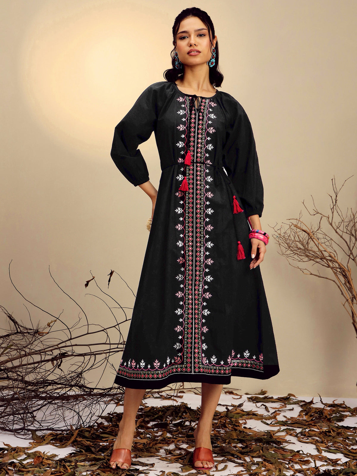 Black Poplin Embroidered Neck Dori Midi Dress-Pink Paprika By SASSAFRAS 