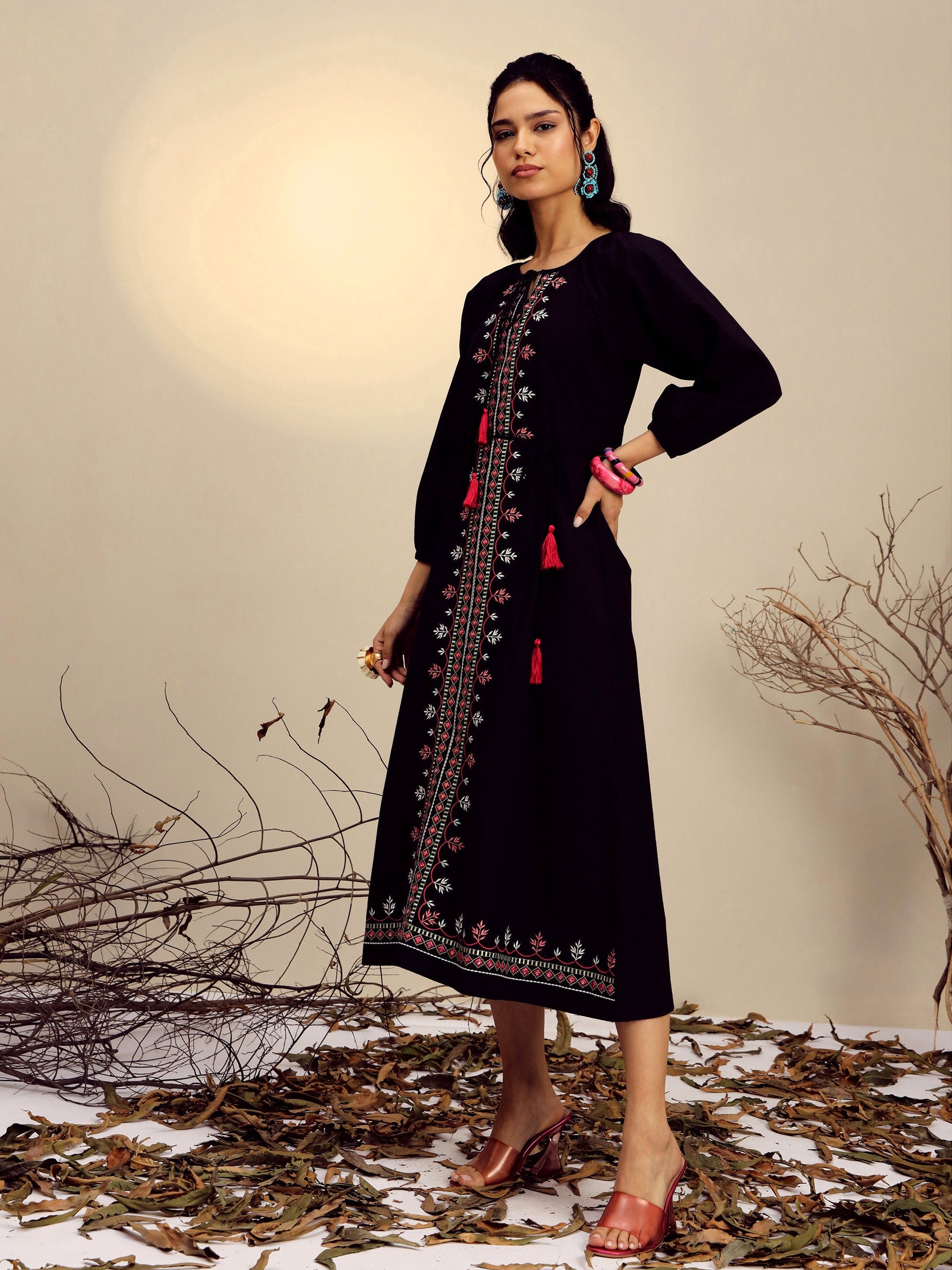 Black Poplin Embroidered Neck Dori Midi Dress-Pink Paprika By SASSAFRAS 