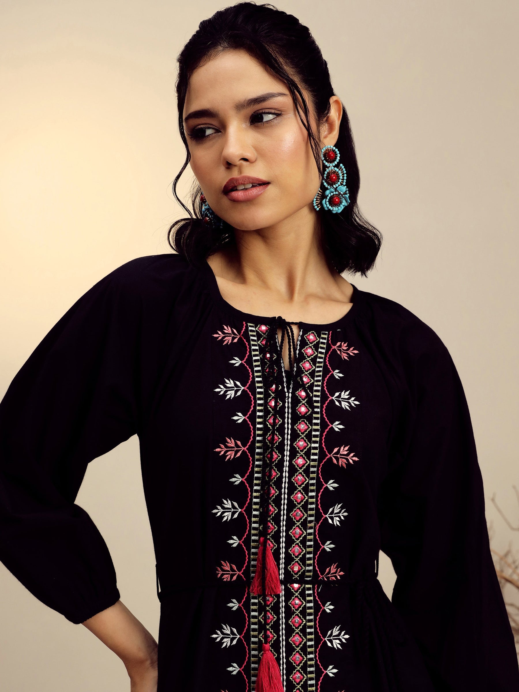 Black Poplin Embroidered Neck Dori Midi Dress-Pink Paprika By SASSAFRAS 