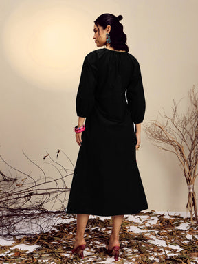 Black Poplin Embroidered Neck Dori Midi Dress-Pink Paprika By SASSAFRAS 