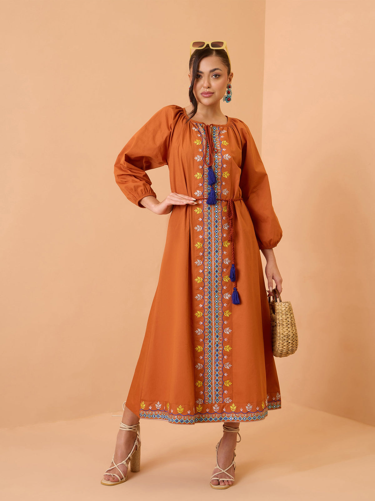 Rust Poplin Embroidered Neck Dori Midi Dress-Pink Paprika By SASSAFRAS 