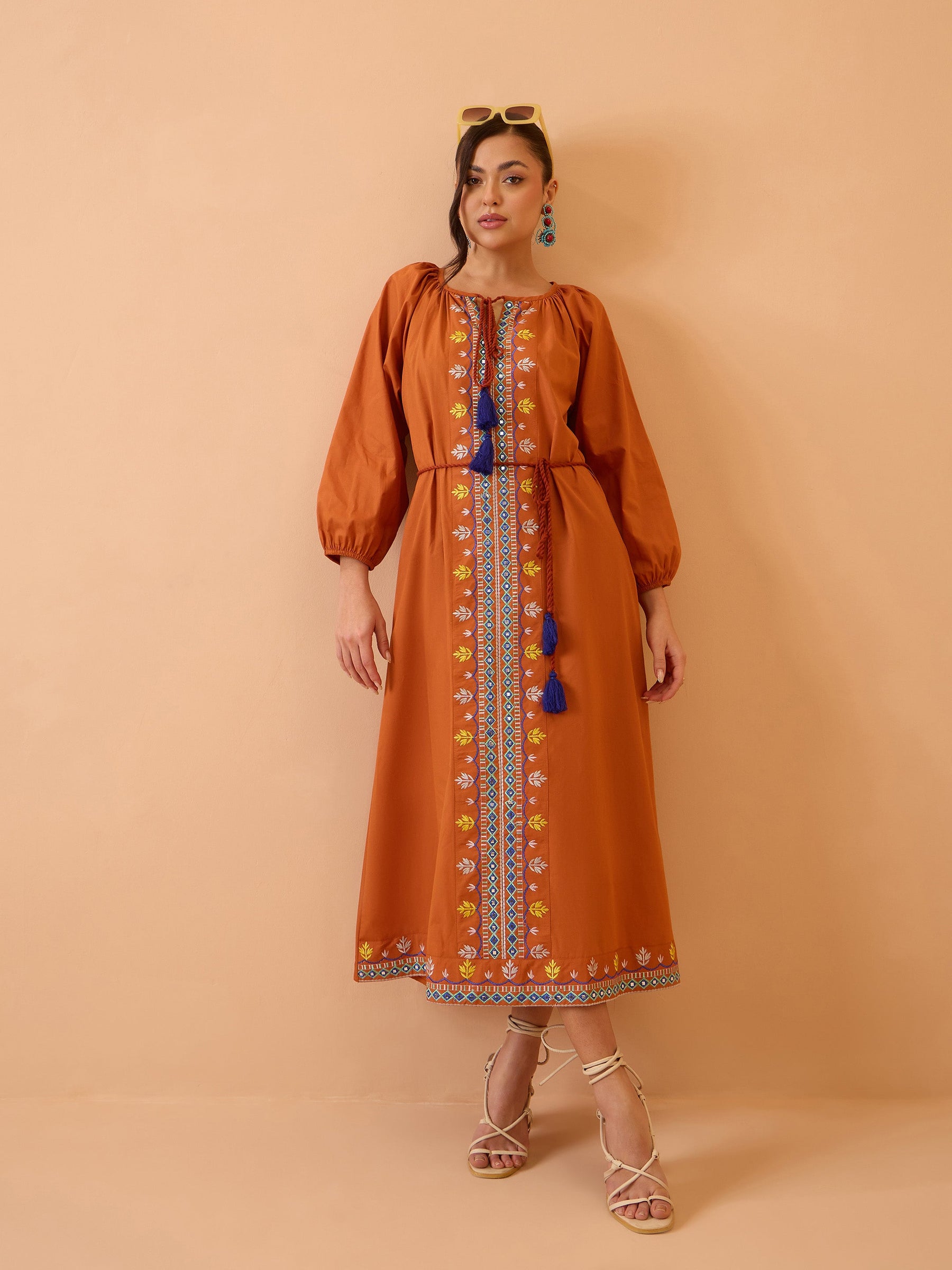 Rust Poplin Embroidered Neck Dori Midi Dress-Pink Paprika By SASSAFRAS 