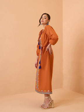 Rust Poplin Embroidered Neck Dori Midi Dress-Pink Paprika By SASSAFRAS 