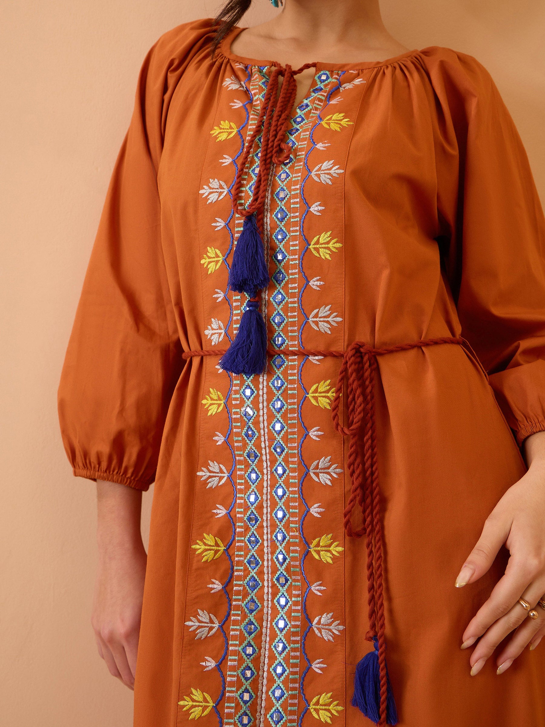 Rust Poplin Embroidered Neck Dori Midi Dress-Pink Paprika By SASSAFRAS 