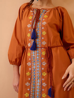 Rust Poplin Embroidered Neck Dori Midi Dress-Pink Paprika By SASSAFRAS 