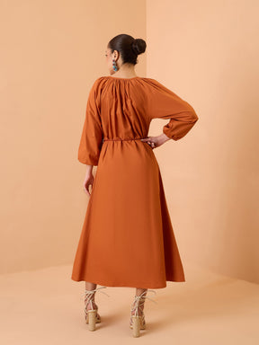 Rust Poplin Embroidered Neck Dori Midi Dress-Pink Paprika By SASSAFRAS 