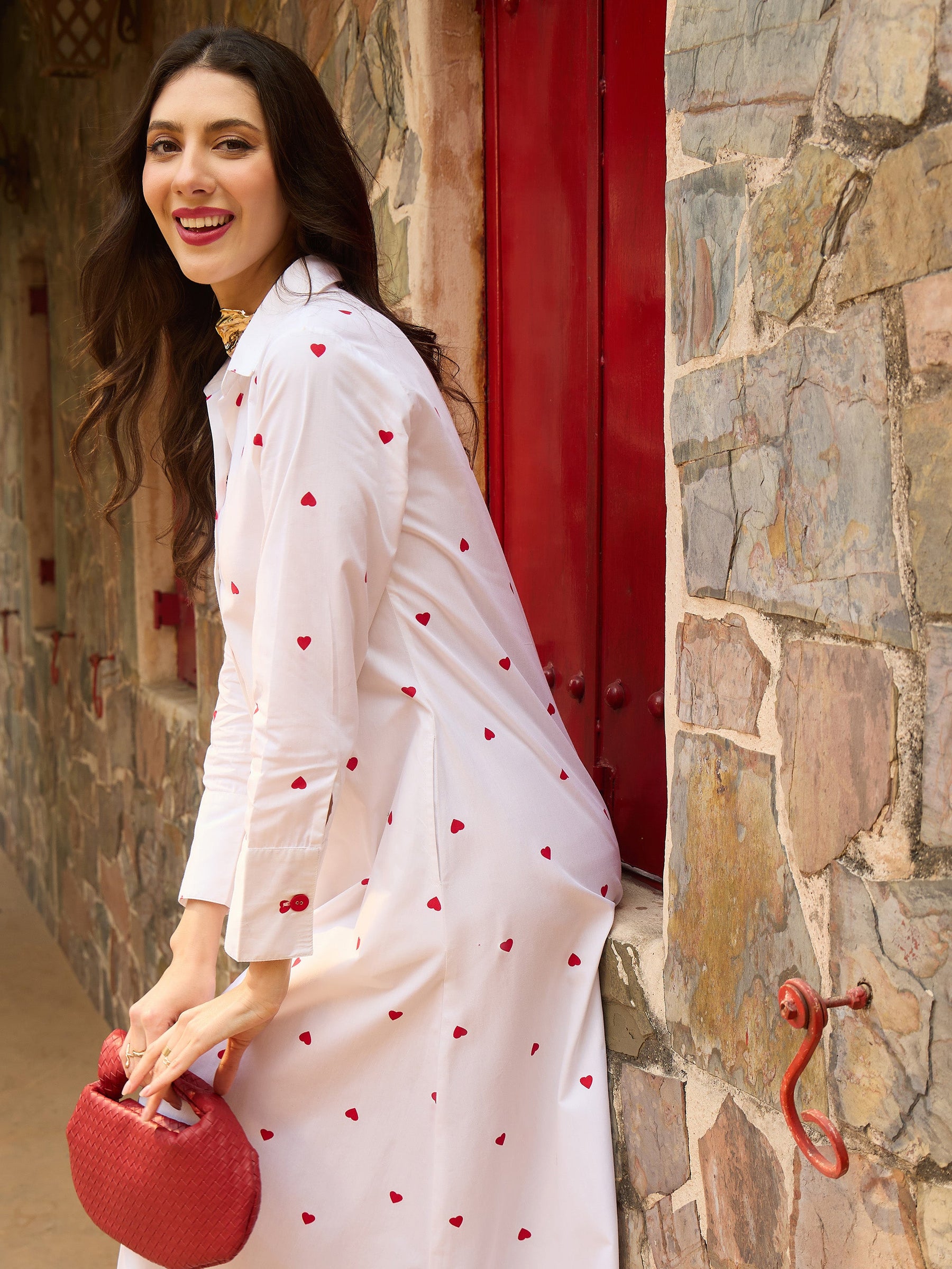 White Heart Print A-line Longline Shirt Dress-Pink Paprika By SASSAFRAS