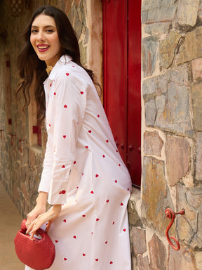 White Heart Print A-line Longline Shirt Dress-Pink Paprika By SASSAFRAS