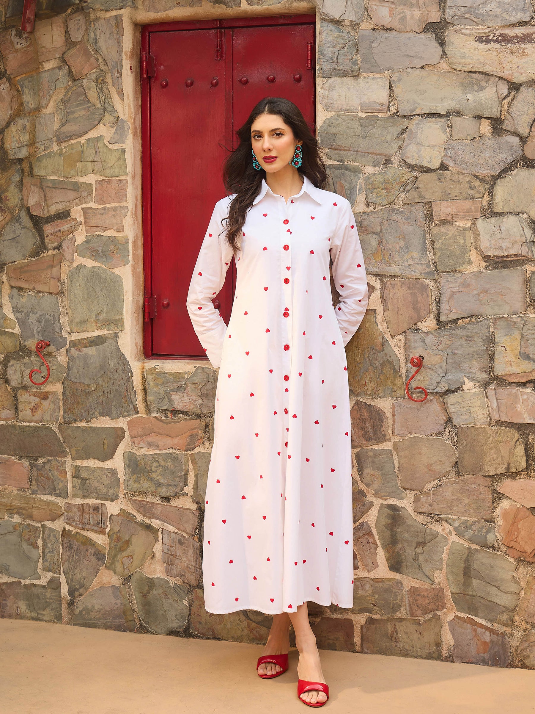 White Heart Print A-line Longline Shirt Dress-Pink Paprika By SASSAFRAS
