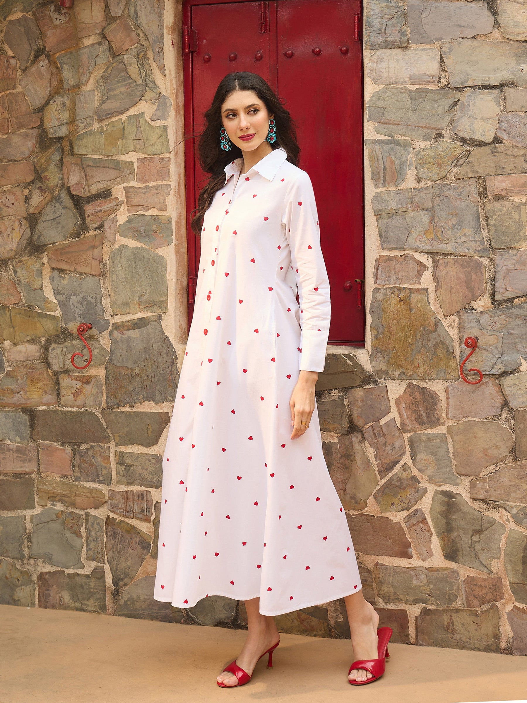 White Heart Print A-line Longline Shirt Dress-Pink Paprika By SASSAFRAS