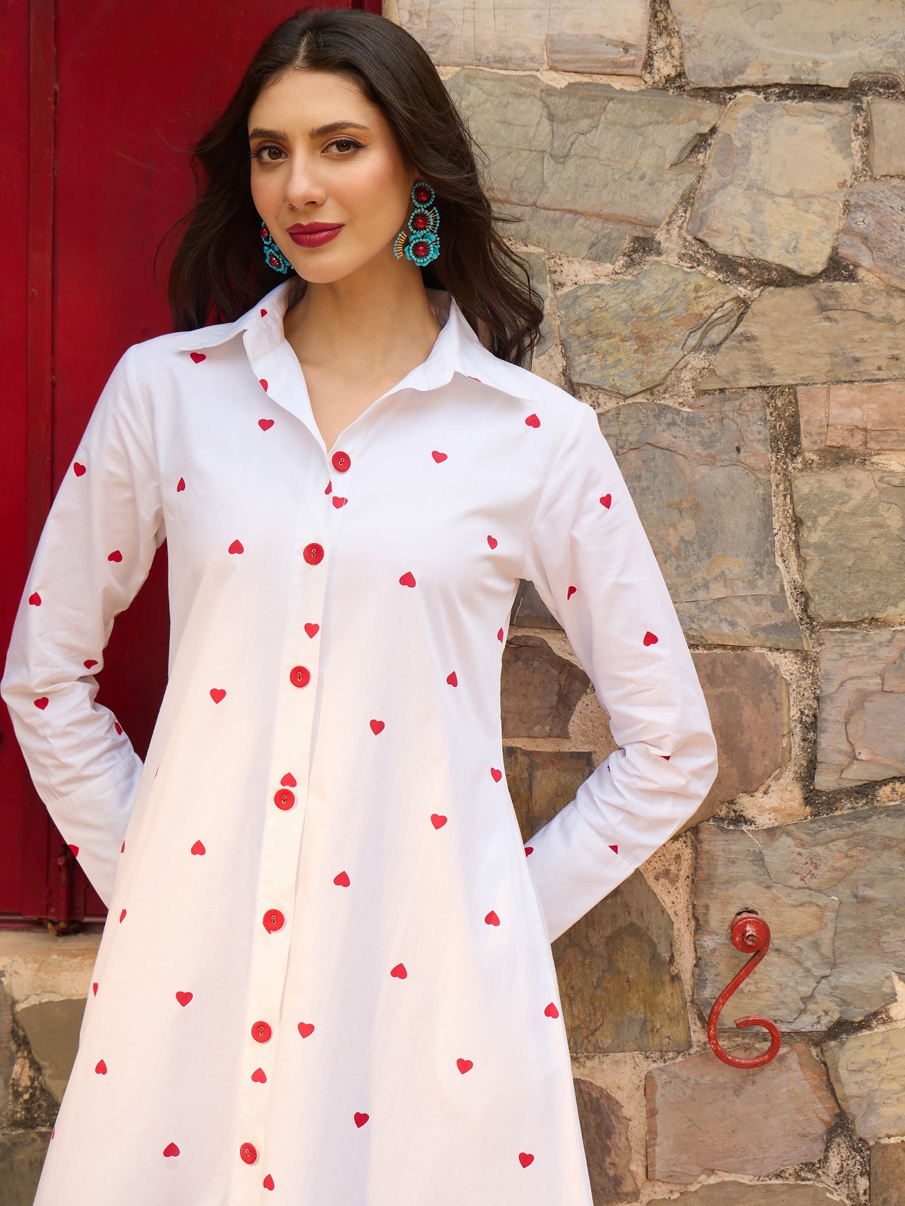 White Heart Print A-line Longline Shirt Dress-Pink Paprika By SASSAFRAS