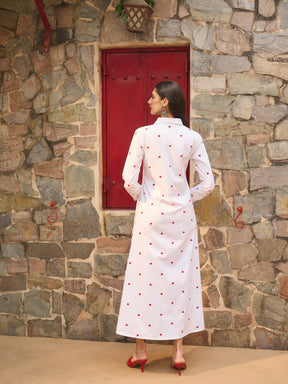 White Heart Print A-line Longline Shirt Dress-Pink Paprika By SASSAFRAS