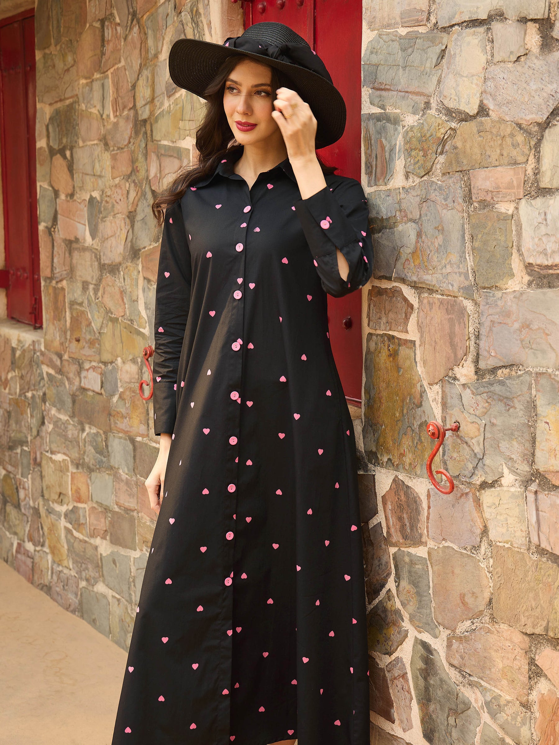 Black Heart Print A-line Longline Shirt Dress-Pink Paprika By SASSAFRAS