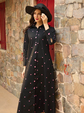 Black Heart Print A-line Longline Shirt Dress-Pink Paprika By SASSAFRAS