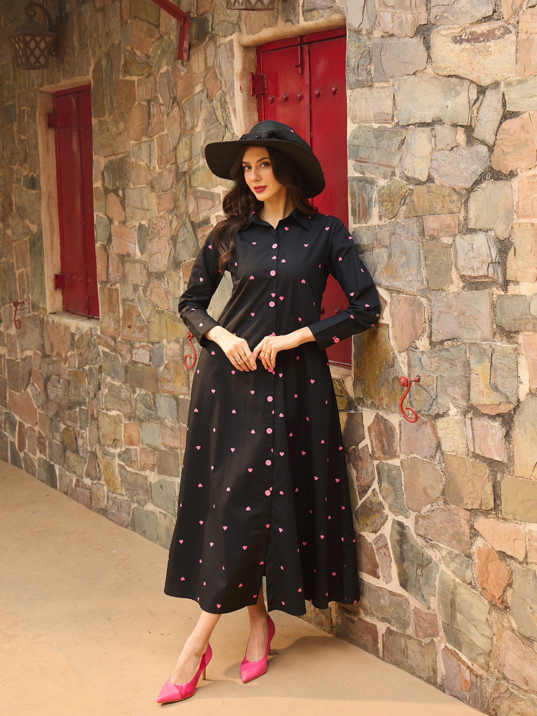 heart print shirt dress Empire Hotched Shirt Dress-Multi, Starburst Heart