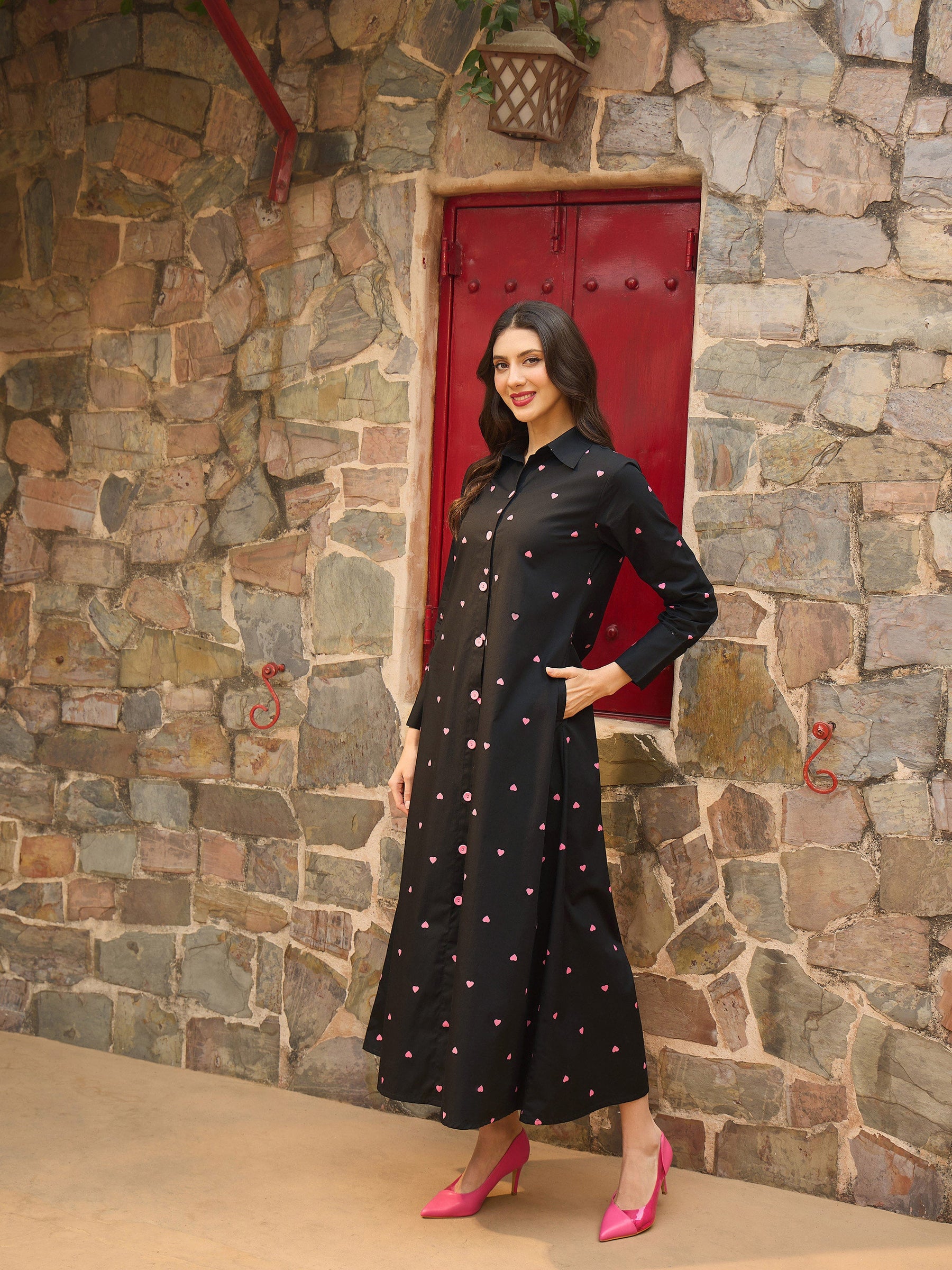 Black Heart Print A-line Longline Shirt Dress-Pink Paprika By SASSAFRAS